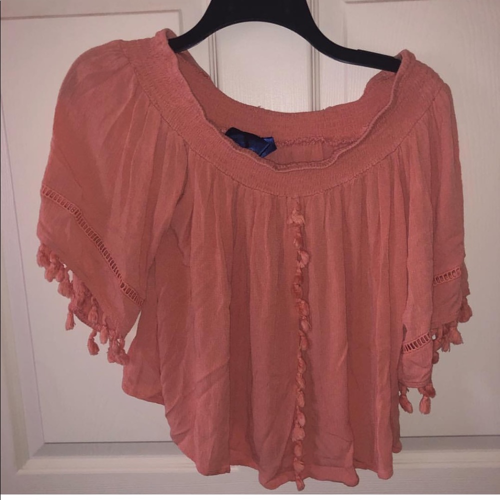 Coral off the shoulder pom-pom shirt